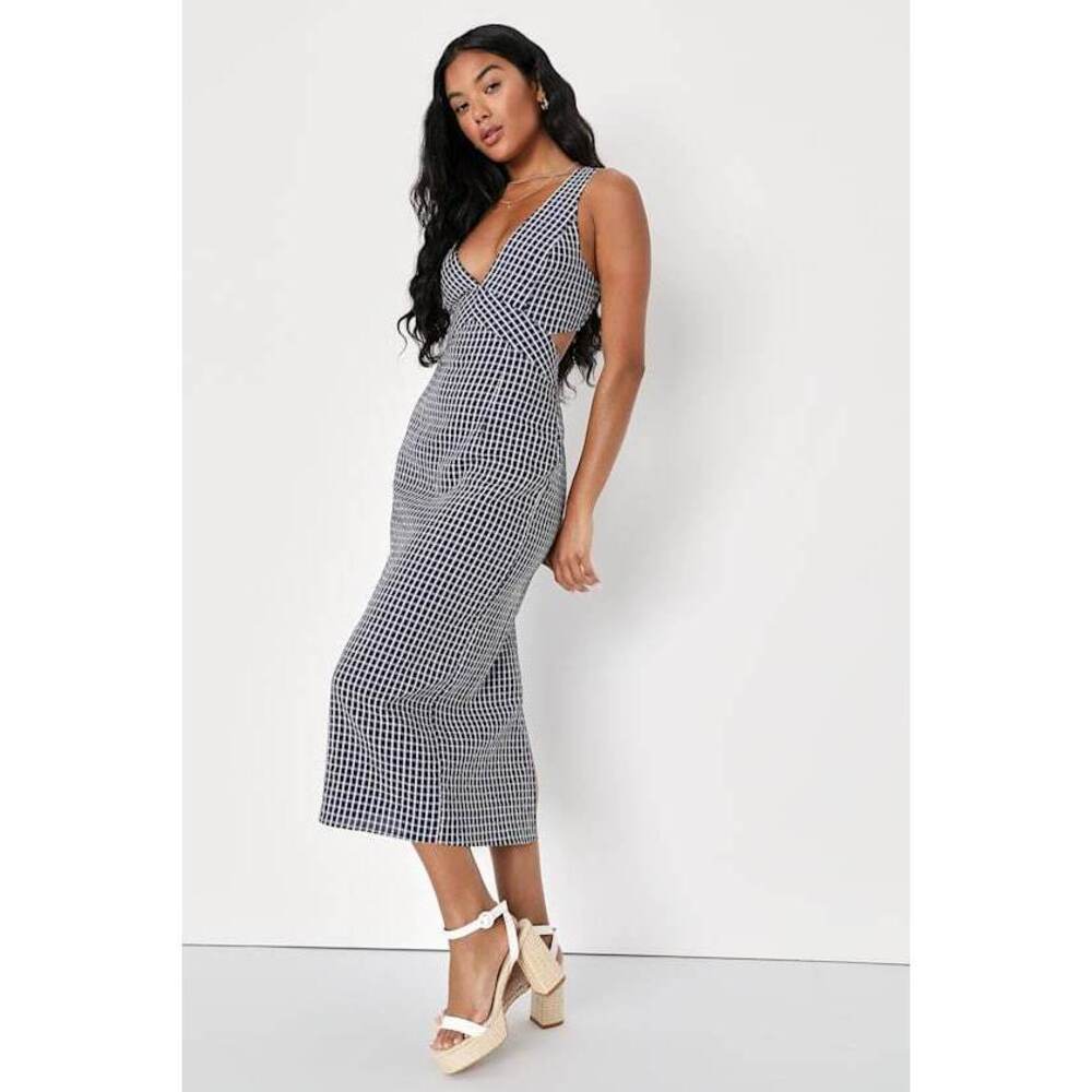 Lulus Charming Inspiration Navy Blue Gingham Backless Midi Dress - Size S
